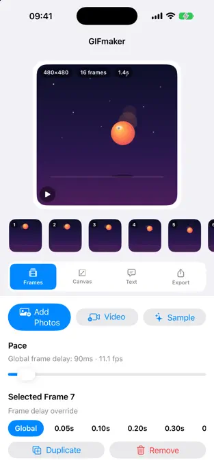 GIFmaker iPhone editor with live preview and frame timing controls