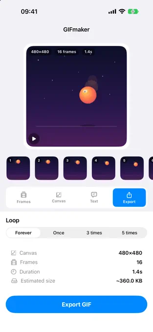 GIFmaker iPhone export screen showing GIF dimensions, frames, duration, and estimated size