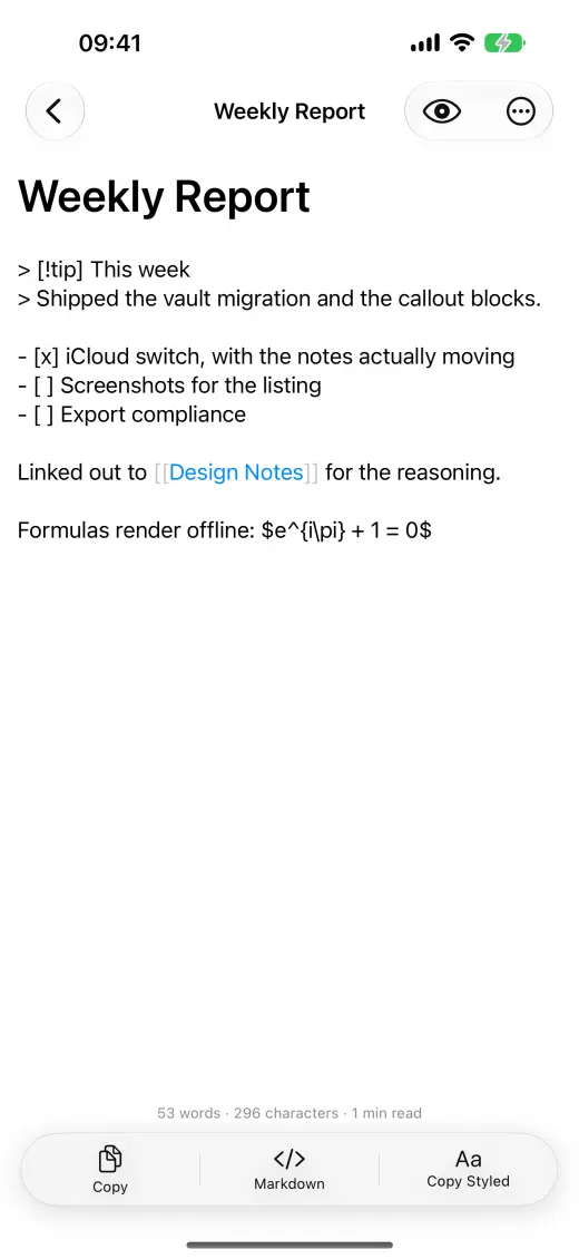Inkstone Notes Markdown editor showing links, task lists and rich-text copy controls