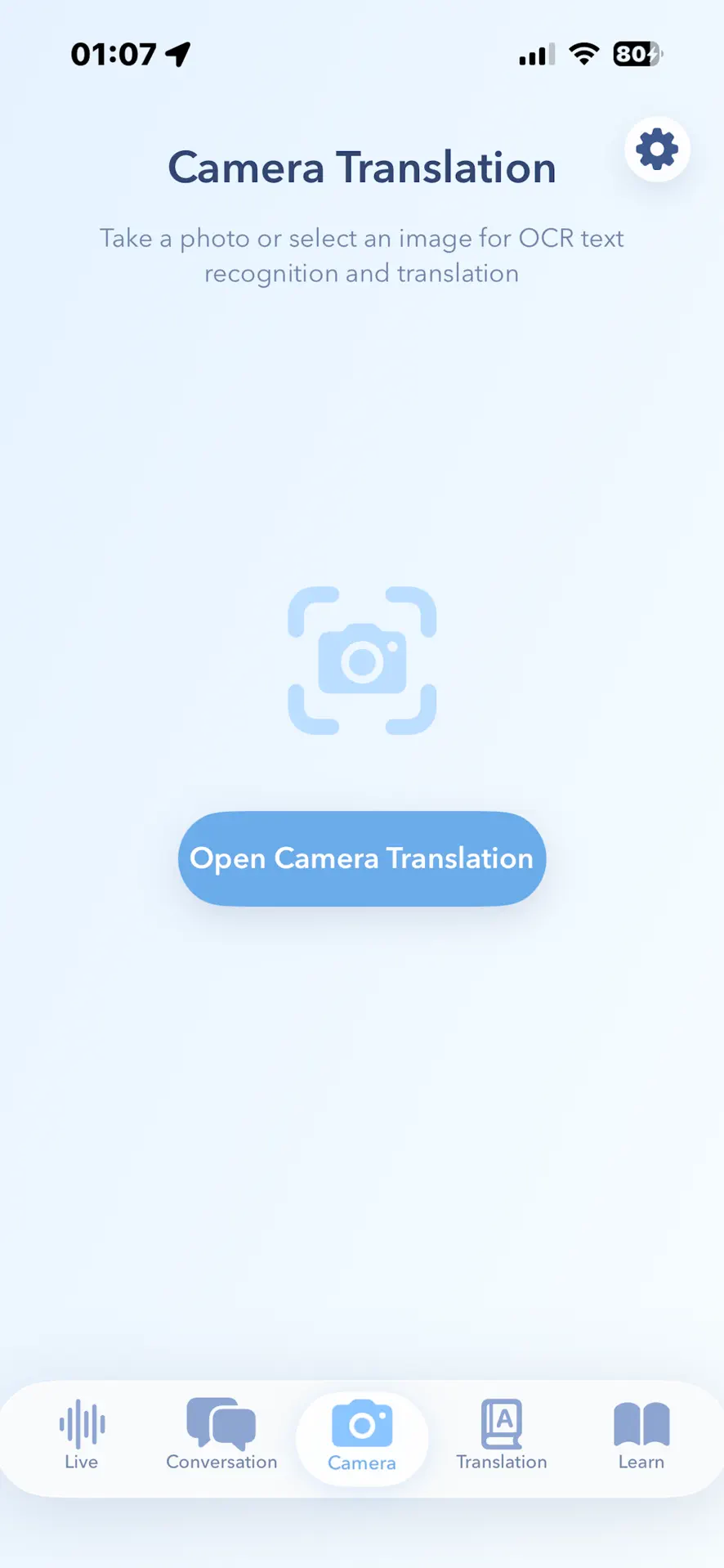 Translation Specialist camera OCR screen for menus, signs, and labels